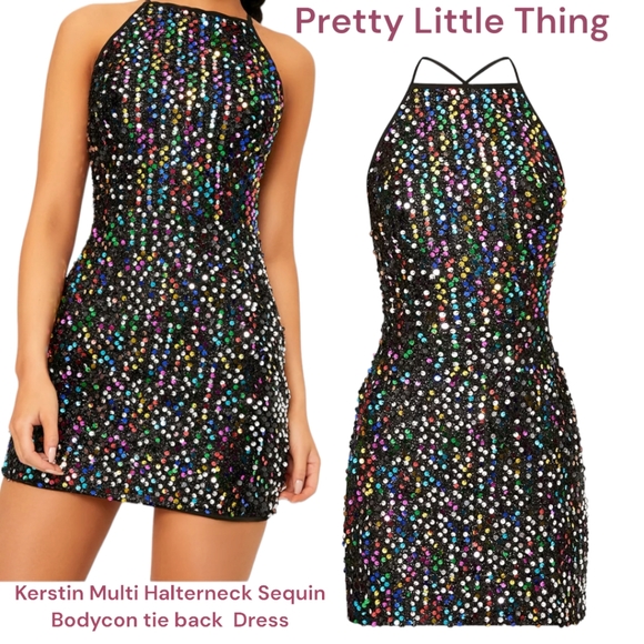 PrettyLittleThing Dresses & Skirts - Pretty little thing Kerstin  Halterneck mult Sequin Bodycon Dress Lace Up Back M